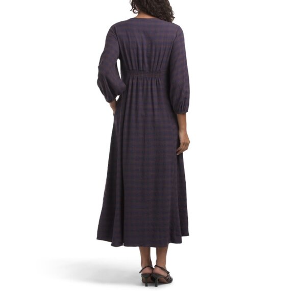 MAX STUDIO Blue Three-quarter Sleeve Plaid Maxi Dress - Picture 2 of 2